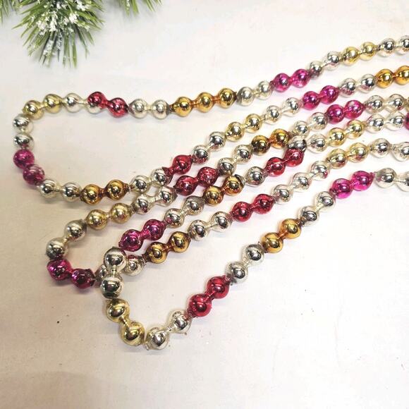 Vintage Double Bead Mercury Glass Christmas Tree Garland 100" Red Gold Silver - Picture 1 of 12